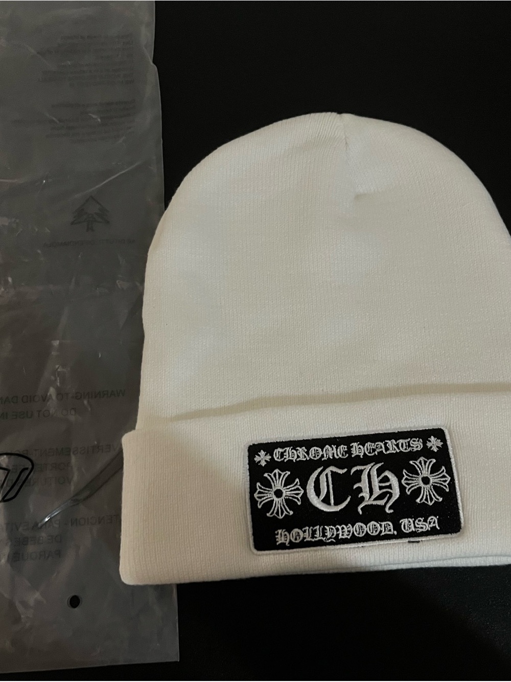 Gothic White Cuffed Beanie with Black Logo Patch